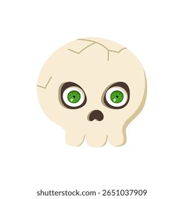 Funny cartoon Halloween angry skull with green eyes. Vector human skull isolated on white background. Clipart for decoration, design element, sticker.