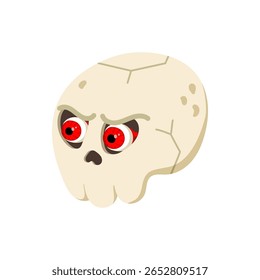 Funny cartoon Halloween angry skull with red crazy eyes. Vector human skull isolated on white background. Clipart for decoration, design element, sticker.