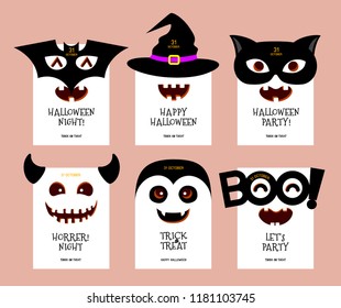 Funny cartoon Halloween character design card. Bat, witch, black cat, monster, Dracula. Happy Halloween concept. Vector Illustration.