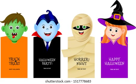Funny cartoon Halloween character design card. Zombie, Dracula, Mummy and Witch. Happy Halloween concept. Illustration isolated on white background.