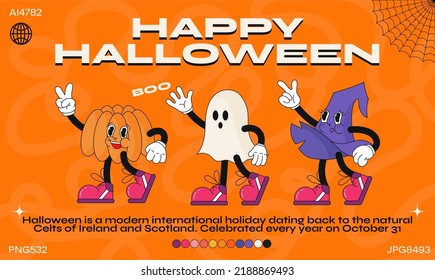 Funny cartoon halloween characters. fashion poster. Vector illustration of a ghost, pumpkin and witch hat 90s style. Set of comic elements in trendy retro cartoon style.