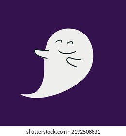Funny cartoon halloween ghost dancing, smiling and chilling, isolated on purple background. Hand drawn childish illustration for holidays.