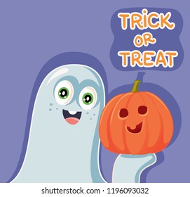 Funny Cartoon Halloween Ghost with Pumpkin. Cute kid wearing silly costume holding holiday decoration
