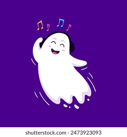 Funny cartoon Halloween kawaii ghost character dancing with playful moves, wearing a charming smile. Isolated vector cute and adorable white spook adds a delightful and whimsical touch to festivity