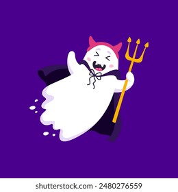 Funny cartoon Halloween kawaii ghost character dons cute devil horns, cape and pitchfork, for a whimsical party look. Adorable, playful vector spook combining funny elements for a charming costume