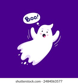 Funny cartoon Halloween kawaii ghost character with cute mischievous face and raised arms saying boo. Vector charming, spooky and adorable spirit flying at holiday night and playfully frighten