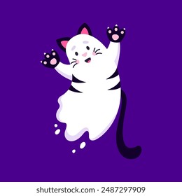 Funny cartoon Halloween kawaii ghost cat character. Isolated playful kitten spook with ghostly twist, featuring adorable feline ears, paws and tail, creating an irresistibly loveable phantom personage