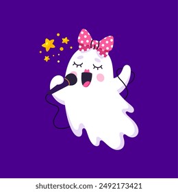 Caricatura divertida personaje fantasma kawaii de Halloween cantando con micrófono. Halloween horror vacaciones lindo monstruo cantante Vector emoji. Personaje fantasma de la muchacha feliz que canta la canción en la fiesta del truco o del regalo