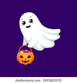 Funny cartoon Halloween kawaii ghost character holding pumpkin bucket with candy treat, radiating spookiness and cuteness. Isolated cute vector baby spook personage enjoying trick or treat party night