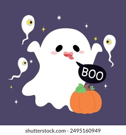 Funny cartoon Halloween kawaii ghost character with cute mischievous face and raised arms saying boo. Vector charming, spooky and adorable spirit flying at holiday night and playfully frighten