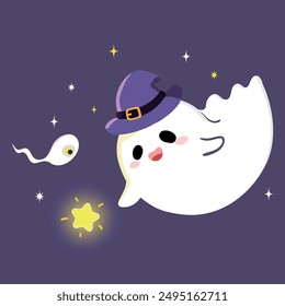 Funny cartoon Halloween kawaii ghost character with cute mischievous face.Vector charming, spooky and adorable spirit flying at holiday night and playfully frighten.Spook phantom with star in sky.