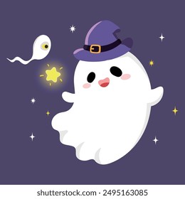 Funny cartoon Halloween kawaii ghost character with cute mischievous face.Vector charming, spooky and adorable spirit flying at holiday night and playfully frighten.Spook phantom with star in sky.