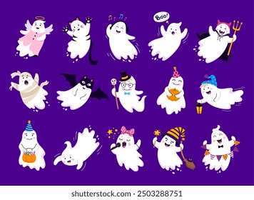 Divertidos fantasmas kawaii de Halloween de dibujos animados y personajes de noche de terror de vacaciones, Vector aislado. Fantasma lindo del libro en gato de la bruja con la calabaza, el canto del poltergeist del bebé o el traje de la momia para el truco o la fiesta del trato