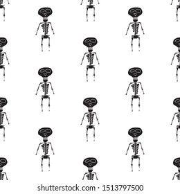 Funny cartoon halloween pattern with hand drawn skeletons. Doodle vector black and white halloween pattern. Seamless monochrome halloween pattern for textile, wallpapers, wrapping paper and cards.
