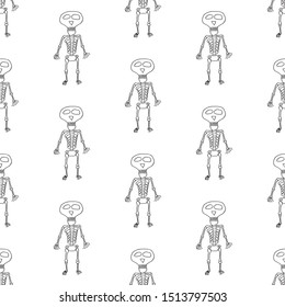 Funny cartoon halloween pattern with hand drawn skeletons. Doodle vector black and white halloween pattern. Seamless monochrome halloween pattern for textile, wallpapers, wrapping paper and cards.