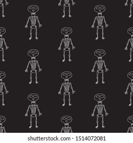 Funny cartoon halloween pattern with hand drawn skeletons. Doodle vector black and white halloween pattern. Seamless monochrome halloween pattern for textile, wallpapers, wrapping paper and cards.