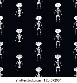 Funny cartoon halloween pattern with hand drawn skeletons. Doodle vector black and white halloween pattern. Seamless monochrome halloween pattern for textile, wallpapers, wrapping paper and cards.