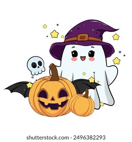 funny cartoon halloween pumpkin and witch