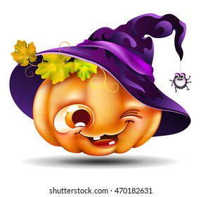 funny cartoon halloween pumpkin with a witch hat