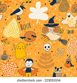 Funny cartoon Halloween seamless pattern made of children in holiday costumes and holiday symbols in vector