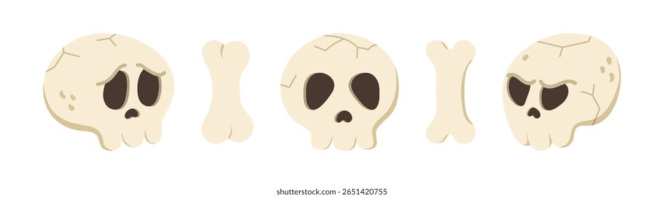Funny cartoon Halloween skull and bone set. Vector angry, sad and cute human skull isolated on white background. Clipart for decoration, design element, sticker.