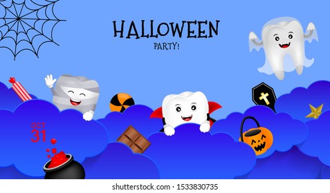 Funny cartoon Halloween tooth character with night clouds. Dracula, mummy and ghost. Illustration for banner, party invitation background, poster. Dental care concept.