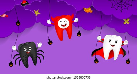 Funny cartoon Halloween tooth character with night clouds. Dracula, spider and devil. Illustration for banner, party invitation background, poster. Dental care concept.