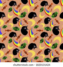 Funny cartoon halloween vector seamless pattern. Cute colorful seamless pattern with black cats, magic wands, half moons, candies on peach background. Funny halloween endless texture for printing.
