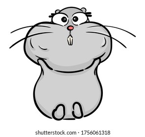 A funny cartoon hamster with cheeks stuffed full of food. This quirky rodent character is a humorous illustration of hunger or hoarding. Perfect for a comic or sticker. Isolated vector doodle.