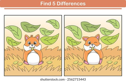 Funny cartoon hamster. Find 5 differences. Kids Education games. Cartoon vector illustration