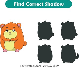 Funny cartoon hamster. find the correct shadow. Kids Education games. Cartoon vector illustration