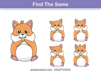 Funny cartoon hamster. Find same pictures. Educational game for children. Cartoon vector illustration