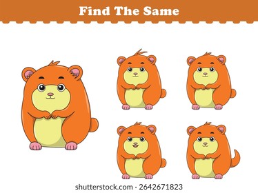 Funny cartoon hamster. Find same pictures. Educational game for children. Cartoon vector illustration
