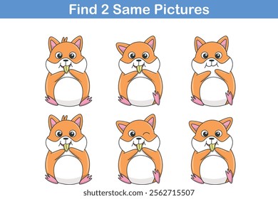 Funny cartoon hamster. Find two same pictures. Educational game for children. Cartoon vector illustration