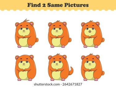 Funny cartoon hamster. Find two same pictures. Educational game for children. Cartoon vector illustration