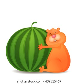 Funny cartoon hamster hugging watermelon