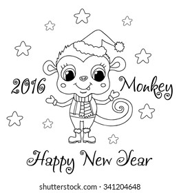 Funny cartoon hand drawn monkey face, Happy New Year 2016, vector illustration logo design. Doodle cute monkey isolated on white background. Christmas card with a kid monkey with stars. Coloring book 