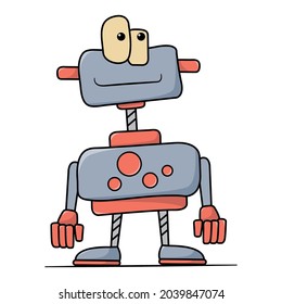 Funny cartoon hand drawn robot. Illustration for kids.