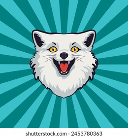 Funny cartoon happy arctic fox with yellow eyes head.