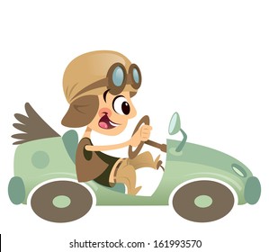 Funny cartoon happy boy with big smile and hat having a ride with his green antique vintage car