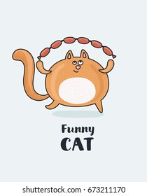 Funny cartoon happy cat jumping and running with sausages. Cute vector illustration of fat red cat. Isolated object.