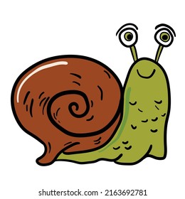 Funny cartoon happy hand drawn snail isolated on white background. Flat design. Vector illustration.