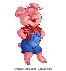 Funny cartoon happy pig. Vector illustration on white background.