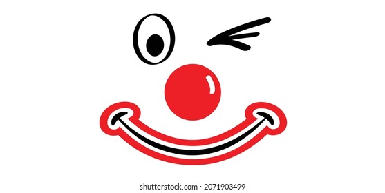 Funny cartoon happy smilling clown faces with wink. Carnivals face with clown nose. Vector clownnose. Comic smile face mask. Red ball or nose. Red nose day concept