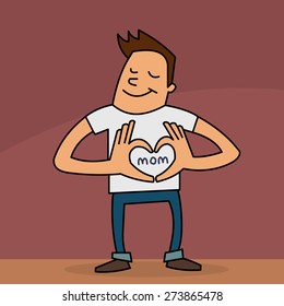 Funny cartoon of a happy  young man making heart shape with his hands, written 'Mom' inside. Mothers Day card.