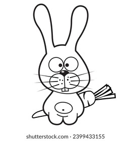 Funny cartoon hare or rabbit. Black and white vector illustration