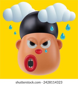 Funny cartoon head angry boy or men in realistic 3d style. Bright positive character design. Colorful vector illustration.