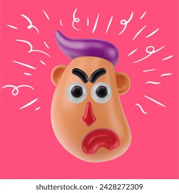 Funny cartoon head angry boy or men in realistic 3d style. Bright positive character design. Colorful vector illustration.