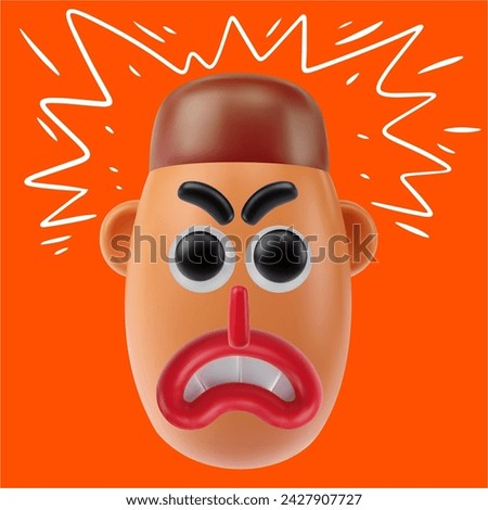 Funny cartoon head angry boy or men in realistic 3d style. Bright positive character design. Colorful vector illustration.
