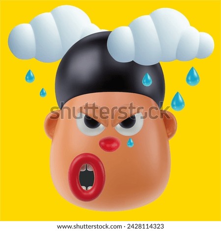 Funny cartoon head angry boy or men in realistic 3d style. Bright positive character design. Colorful vector illustration.